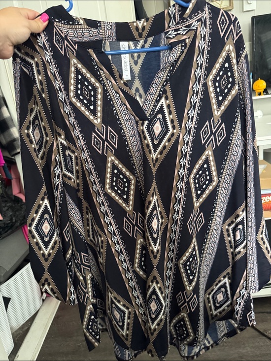 Dear Scarlett Tops - Aztec-Print V-Neck Tunic Top in Black and Brown